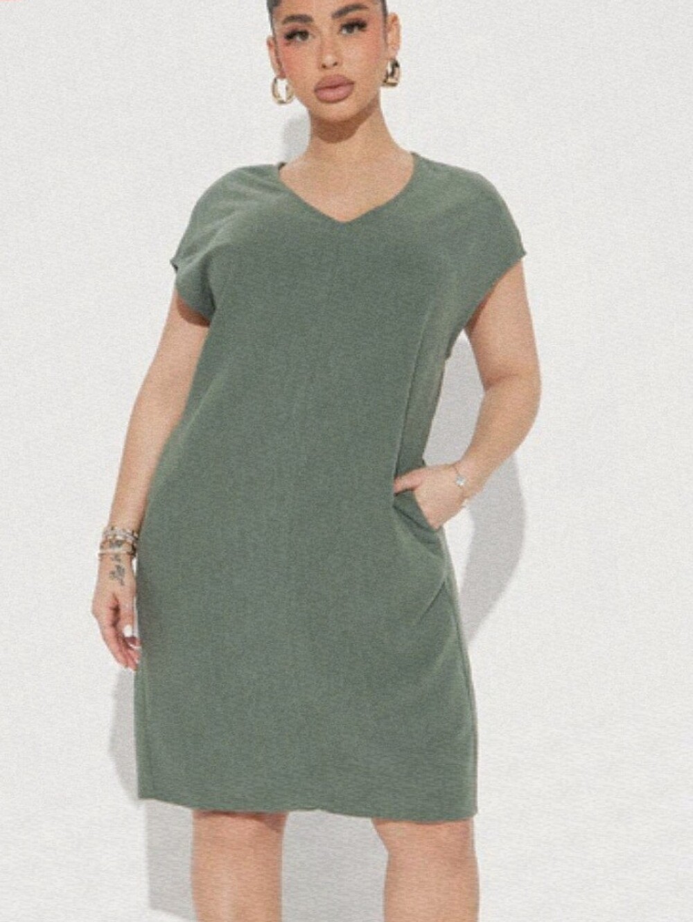 NWT Fashion Nova Nadene T Shirt Dress Rayon Linen Green Pullover Pockets LG